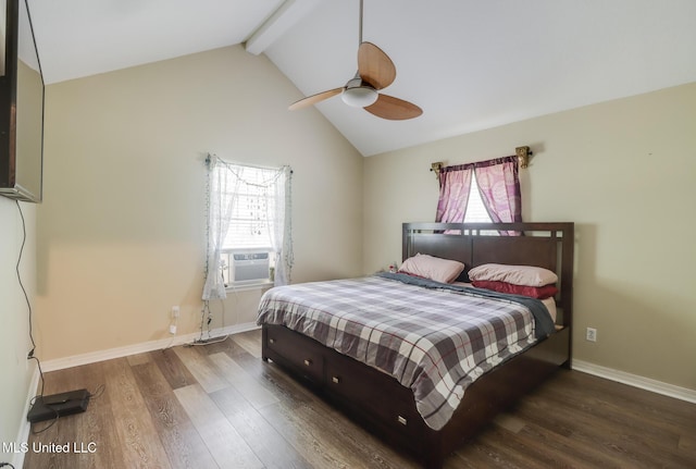 bedroom featuring beam ceiling, wood finished floors, cooling unit, baseboards, and ceiling fan