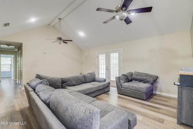 living room featuring ceiling fan, wood finished floors, beamed ceiling, baseboards, and french doors