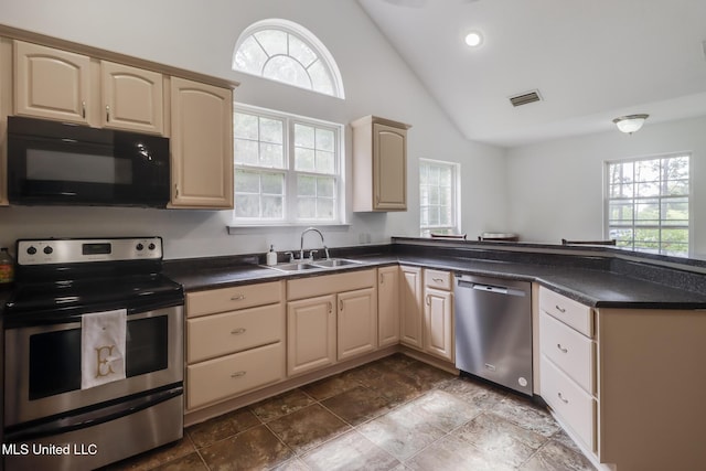 kitchen with appliances with stainless steel finishes, a sink, healthy amount of natural light, a peninsula, and high vaulted ceiling
