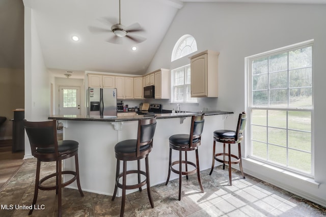 kitchen featuring appliances with stainless steel finishes, a peninsula, a ceiling fan, healthy amount of natural light, and high vaulted ceiling
