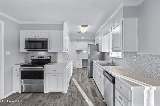 kitchen with light countertops, appliances with stainless steel finishes, a sink, and white cabinetry