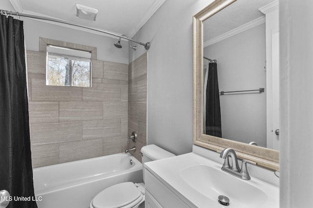 full bathroom with shower / bath combo, toilet, and crown molding