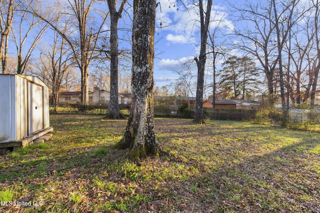 view of yard featuring an outbuilding, a storage unit, and a fenced backyard