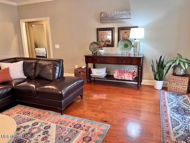 living room featuring wood-type flooring and ornamental molding