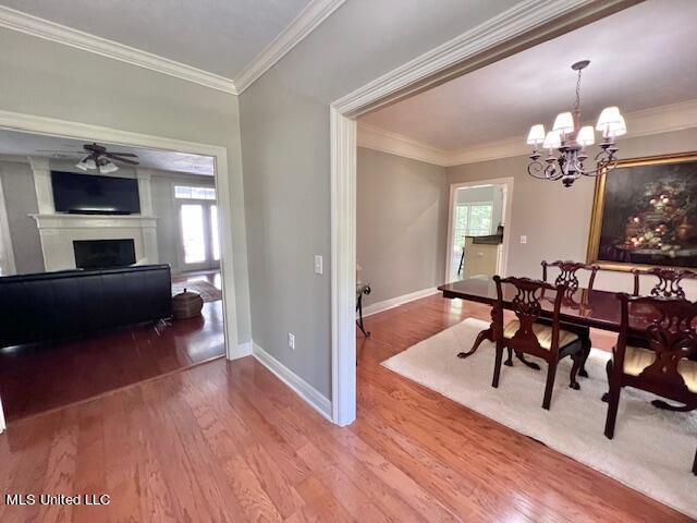 dining space featuring ceiling fan with notable chandelier, ornamental molding, and hardwood / wood-style floors