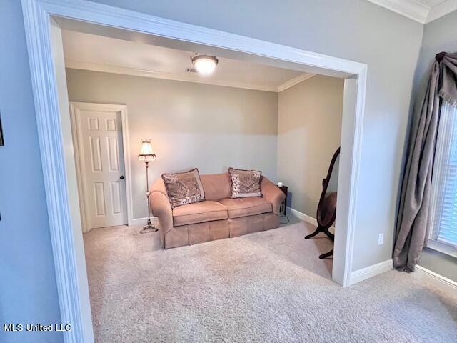 carpeted living room featuring crown molding