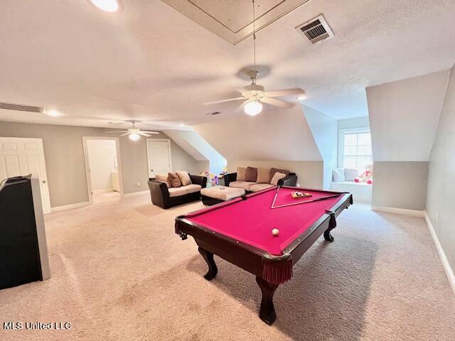 playroom with ceiling fan, light colored carpet, vaulted ceiling, and billiards