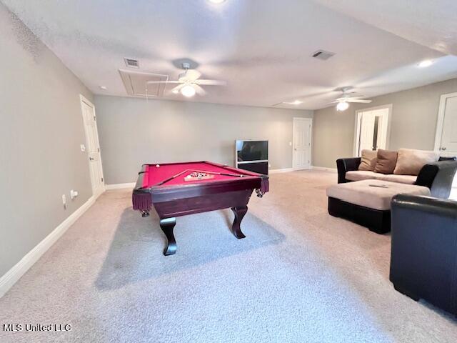 game room featuring ceiling fan, billiards, and light carpet