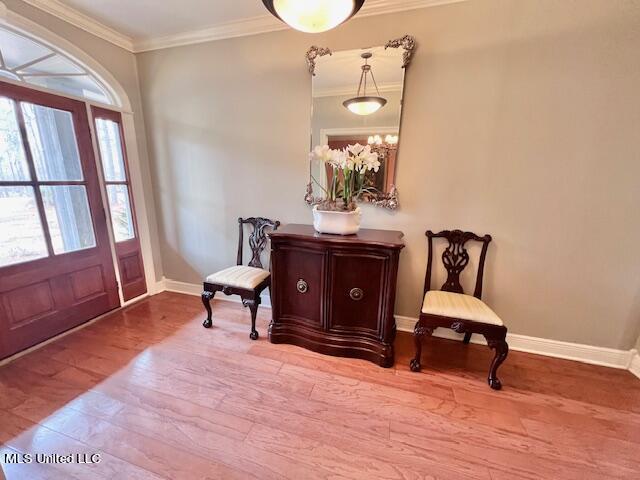 foyer entrance with ornamental molding and hardwood / wood-style floors