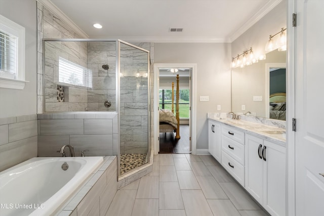 bathroom with a shower stall, ensuite bath, and visible vents
