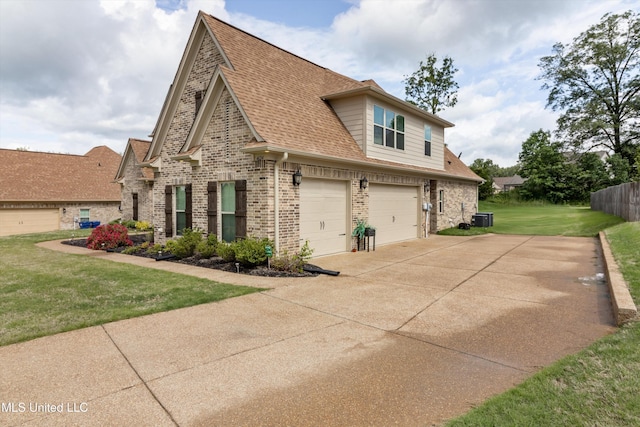 view of home's exterior featuring a yard, brick siding, an attached garage, concrete driveway, and roof with shingles