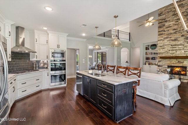 kitchen with a ceiling fan, a sink, white cabinets, wall chimney range hood, and appliances with stainless steel finishes