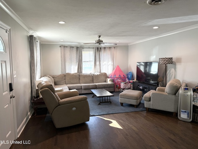 5064 Old Canton Rd, Jackson, MS 39211 - living area featuring wood finished floors, recessed lighting, crown molding, baseboards, and ceiling fan