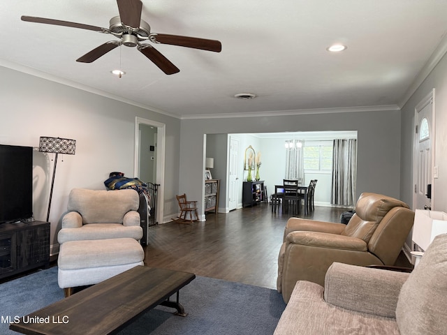 5064 Old Canton Rd, Jackson, MS 39211 - living room featuring visible vents, crown molding, baseboards, ceiling fan, and dark wood-style flooring