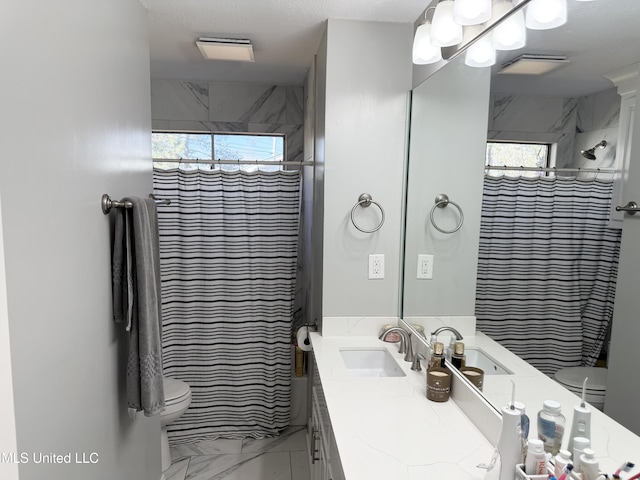 5064 Old Canton Rd, Jackson, MS 39211 - bathroom featuring curtained shower, toilet, vanity, and marble finish floor