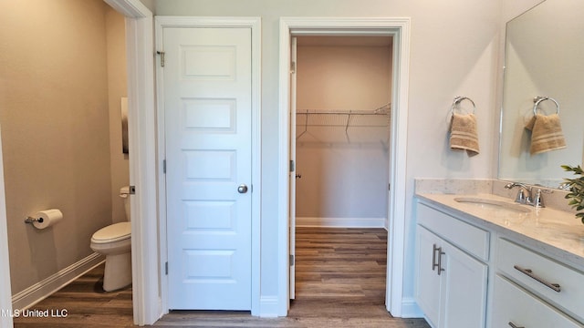 bathroom featuring vanity, wood-type flooring, and toilet