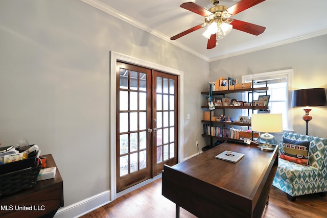 office with ceiling fan, french doors, wood finished floors, and crown molding