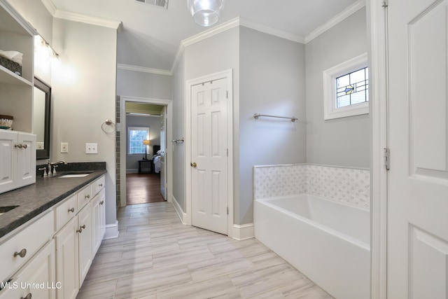 bathroom featuring visible vents, double vanity, ornamental molding, a sink, and a bath