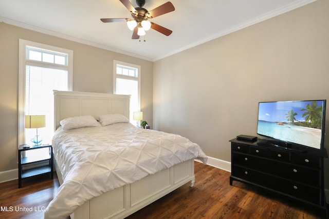 bedroom with a ceiling fan, crown molding, baseboards, and dark wood-style flooring