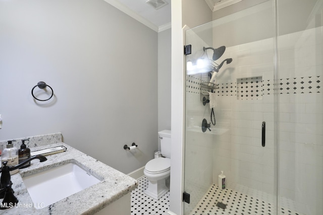 full bathroom featuring visible vents, a shower stall, toilet, and crown molding