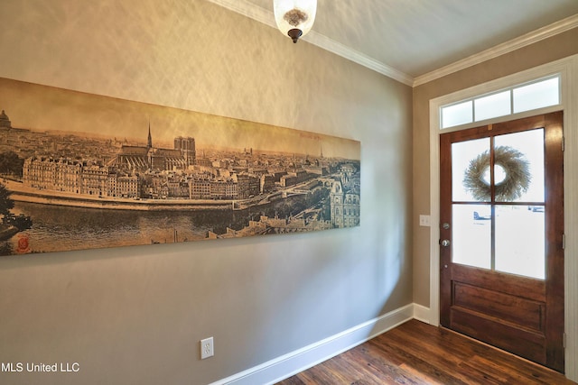 foyer entrance featuring crown molding, baseboards, and dark wood-type flooring