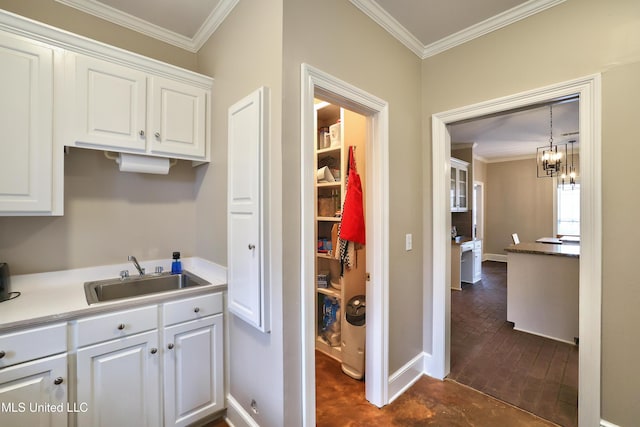 kitchen featuring white cabinets, crown molding, and a sink