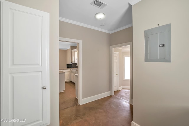 corridor with electric panel, baseboards, visible vents, and ornamental molding