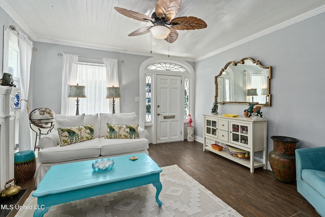 living room with ceiling fan, ornamental molding, wood ceiling, and dark hardwood / wood-style floors