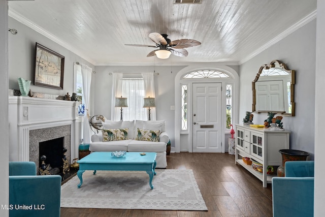 living room with wood ceiling, crown molding, dark hardwood / wood-style flooring, a fireplace, and ceiling fan