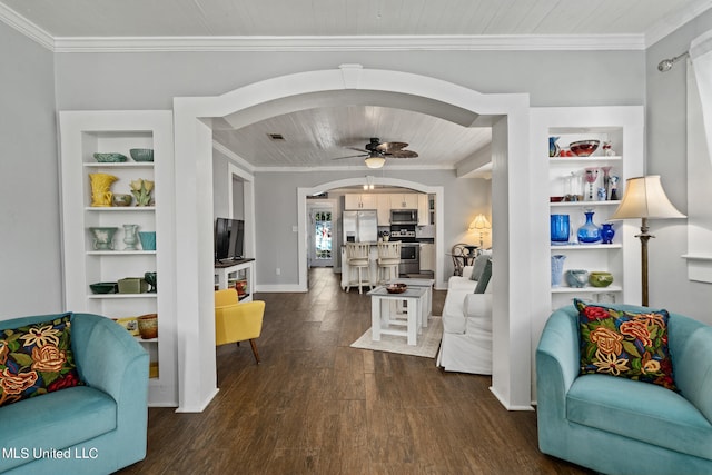 interior space featuring dark wood-type flooring, crown molding, wooden ceiling, and ceiling fan