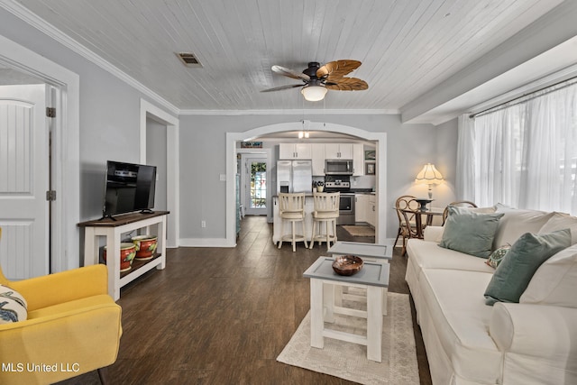 living room with ornamental molding, dark wood-type flooring, ceiling fan, and wooden ceiling