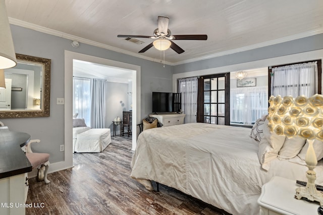 bedroom featuring ceiling fan, crown molding, wood-type flooring, and multiple windows