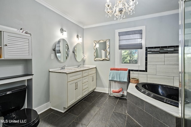 813 42nd Ave, Gulfport, MS 39501 - full bathroom with double vanity, crown molding, a chandelier, baseboards, and a garden tub