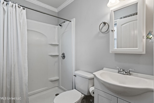 bathroom featuring vanity, crown molding, toilet, and walk in shower