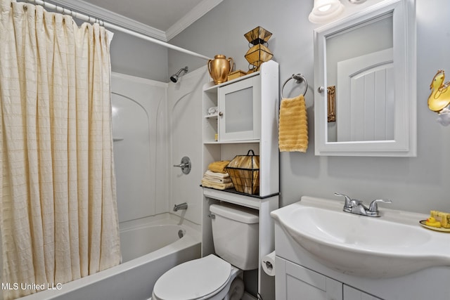 full bathroom featuring vanity, toilet, crown molding, and shower / bath combo