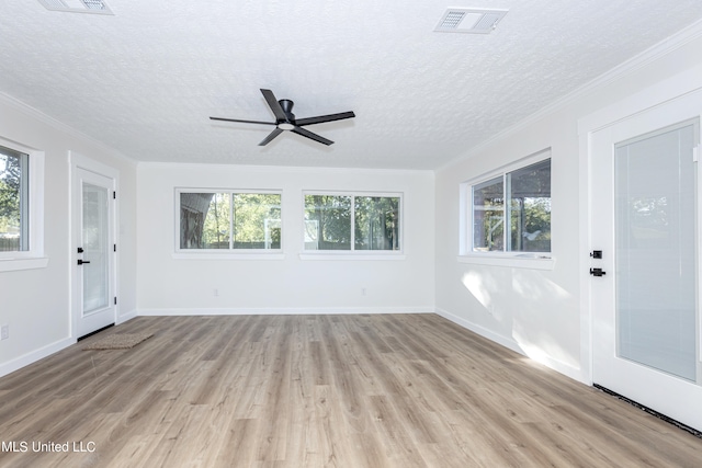 entrance foyer with crown molding, a textured ceiling, light wood-type flooring, and ceiling fan