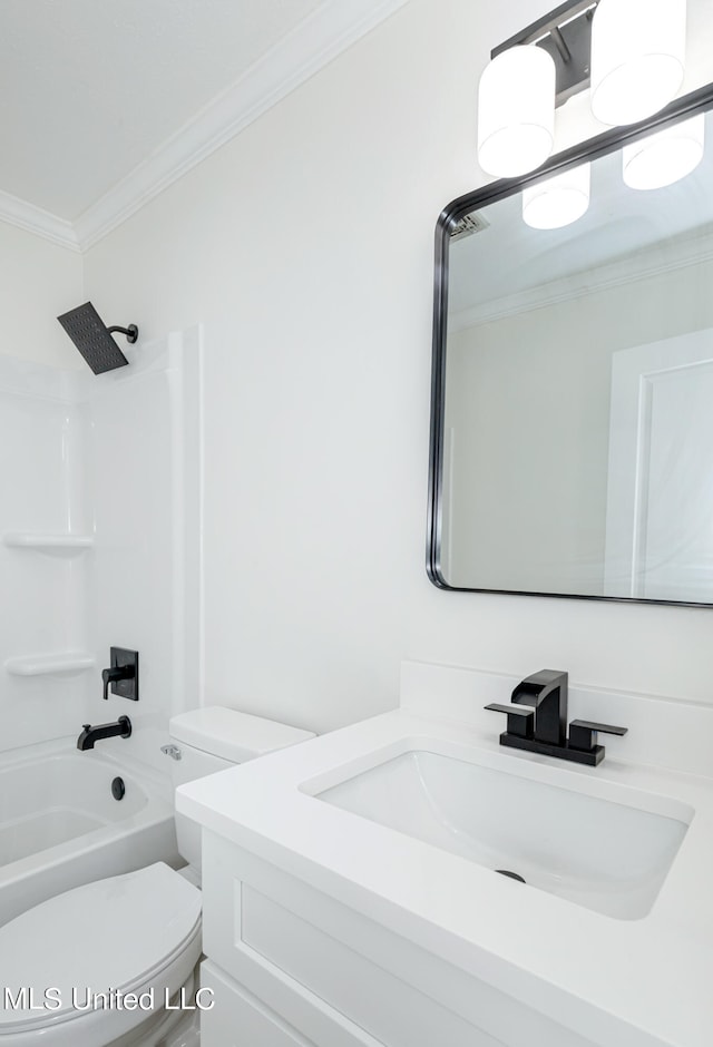 full bathroom with vanity, bathtub / shower combination, crown molding, and toilet