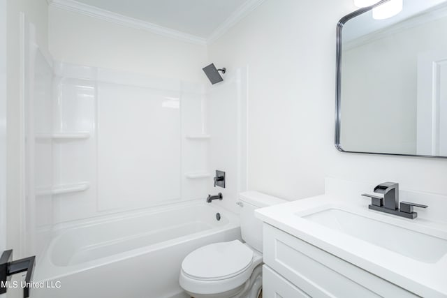 full bathroom featuring vanity, bathtub / shower combination, crown molding, and toilet