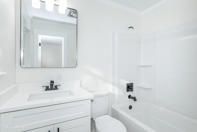 full bathroom featuring vanity, toilet, ornamental molding, and washtub / shower combination