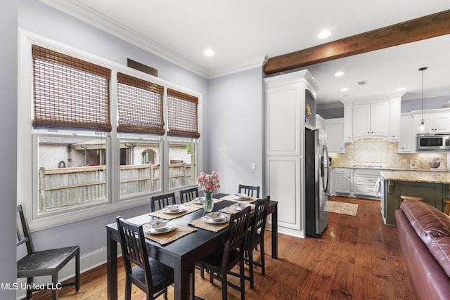 dining space with recessed lighting, ornamental molding, dark wood-style floors, and visible vents