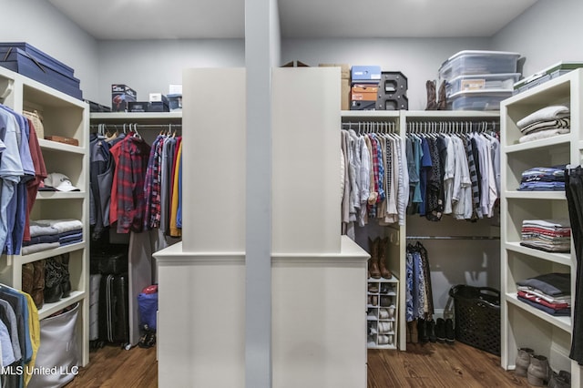 walk in closet with wood finished floors