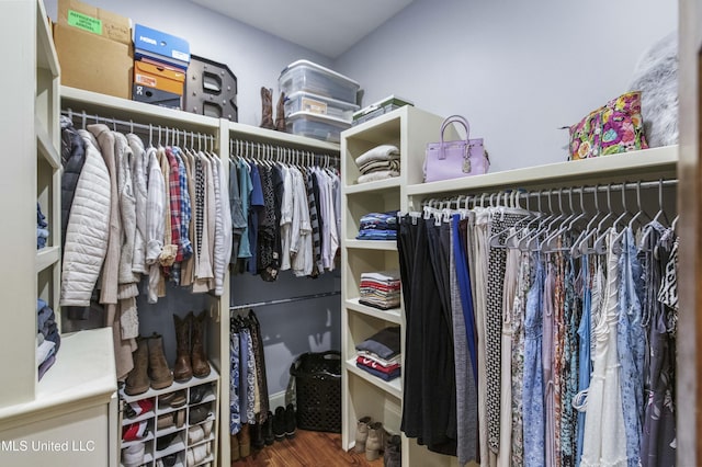 walk in closet with wood finished floors