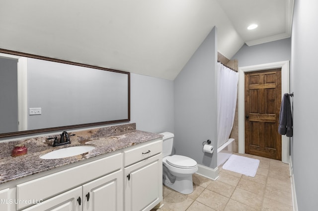 bathroom with tile patterned flooring, shower / bath combo, vanity, toilet, and lofted ceiling