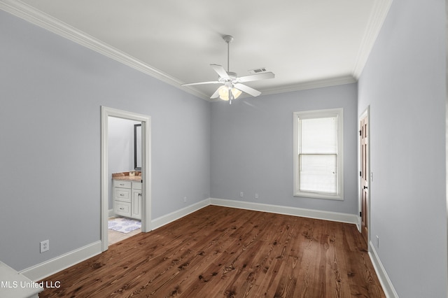 unfurnished bedroom with crown molding, baseboards, a ceiling fan, and dark wood-type flooring