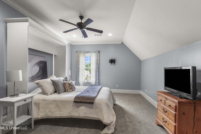 bedroom with carpet floors, ornamental molding, visible vents, baseboards, and a ceiling fan