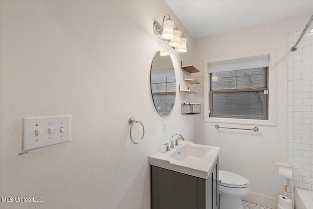 bathroom with tile patterned floors, vanity, toilet, and walk in shower