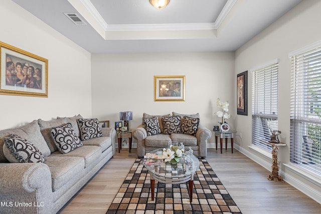 living room featuring ornamental molding, light wood-type flooring, and a raised ceiling