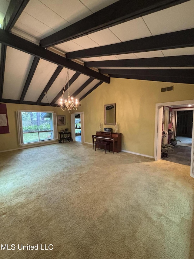 living area with carpet, lofted ceiling with beams, a notable chandelier, and baseboards