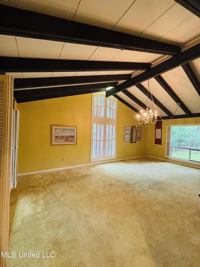 unfurnished living room with carpet, a notable chandelier, vaulted ceiling with beams, and baseboards