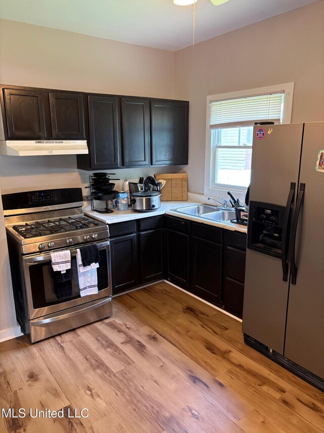 kitchen featuring appliances with stainless steel finishes, a sink, light countertops, light wood-type flooring, and under cabinet range hood